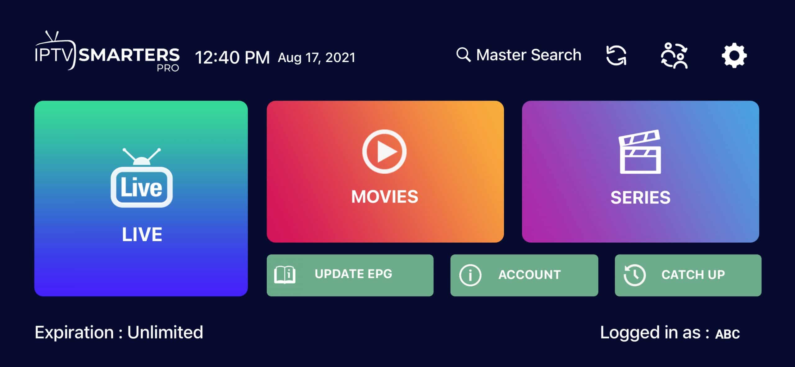 IPTV Smarters dashboard displaying live TV, movies, and series categories, showcasing the interface of a premium IPTV stream player